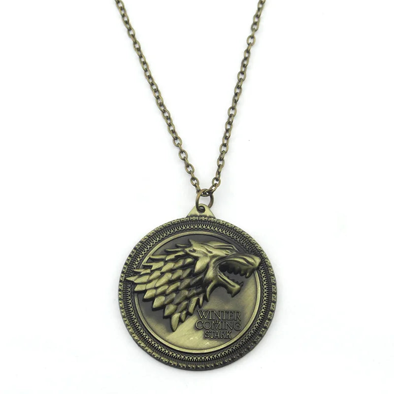 Stark Wolf TV Series Thrones keyrings Winter Is Coming Pendant Necklace Vintage Stark Family 3D Logo Jewelry Souvenir Gift